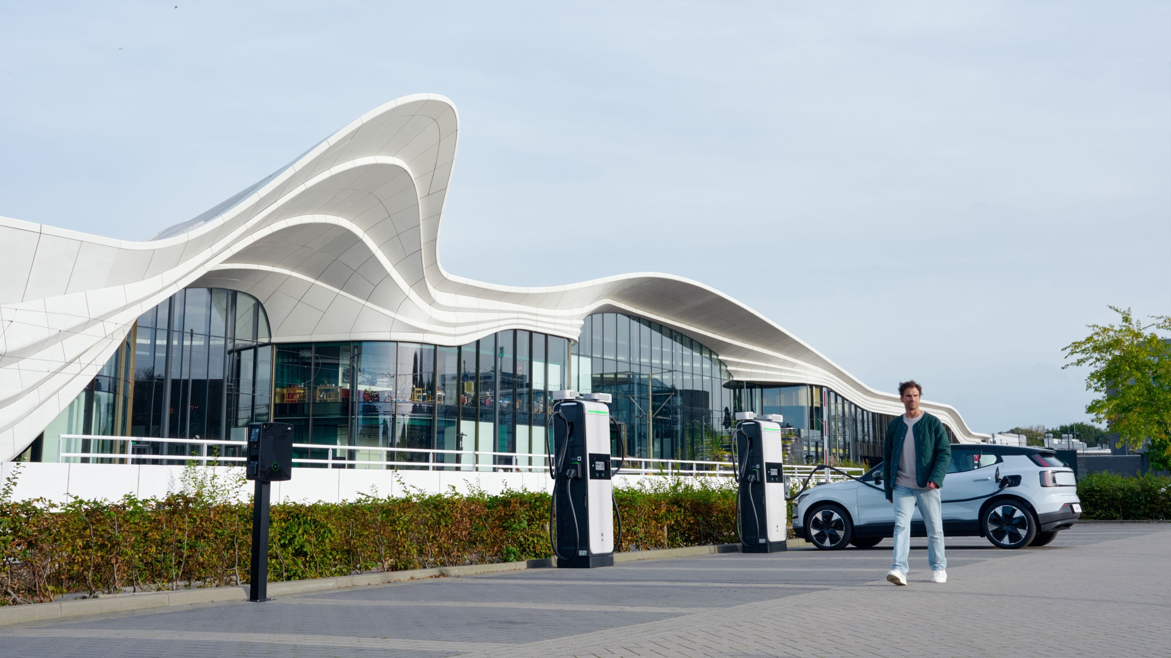 Modern commercial EV charging plaza at business headquarters