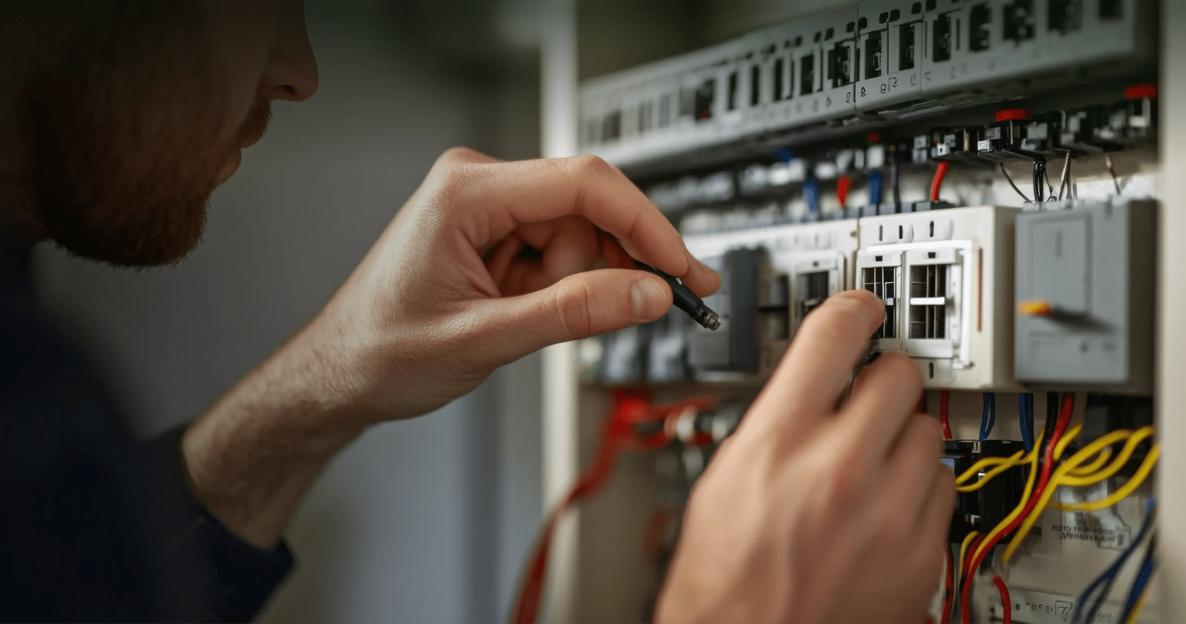 Electrician working on electrical distribution board fuse box